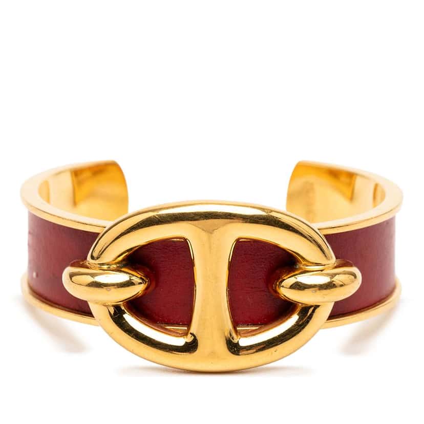 Hermès Gold Plated and Leather Chaine d Ancre Cuff Bracelet Gold Metal Good condition - Front View
