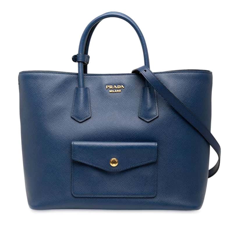 Prada Saffiano Cuir Front Pocket Convertible Tote Blue Leather Good condition - Front View
