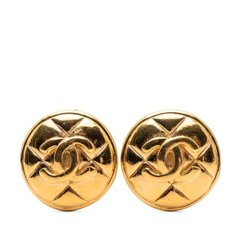 Chanel Gold Plated CC Quilted Round Clip On Earrings Gold Metal Good condition - Front View