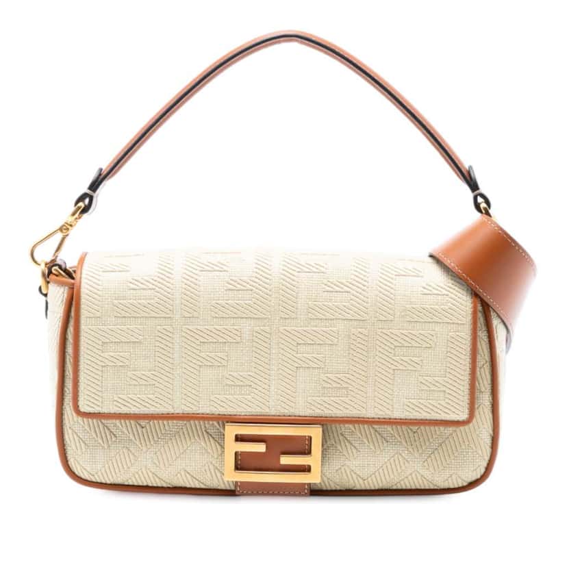 Fendi Zucca Embroidered Raffia Baguette Satchel Brown Good condition - Front View