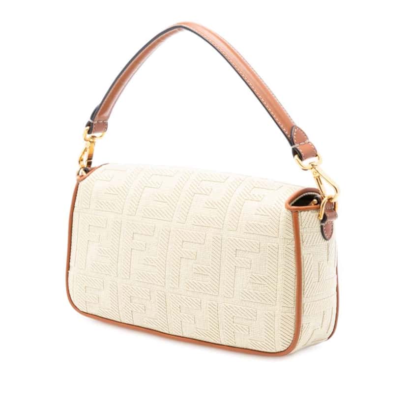 Fendi Zucca Embroidered Raffia Baguette Satchel Brown Good condition - Back View