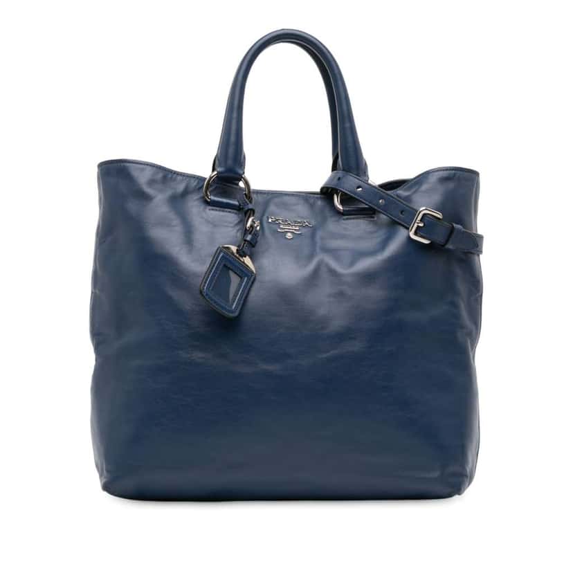 Prada Soft Calf Open Convertible Tote Blue Leather Good condition - Front View