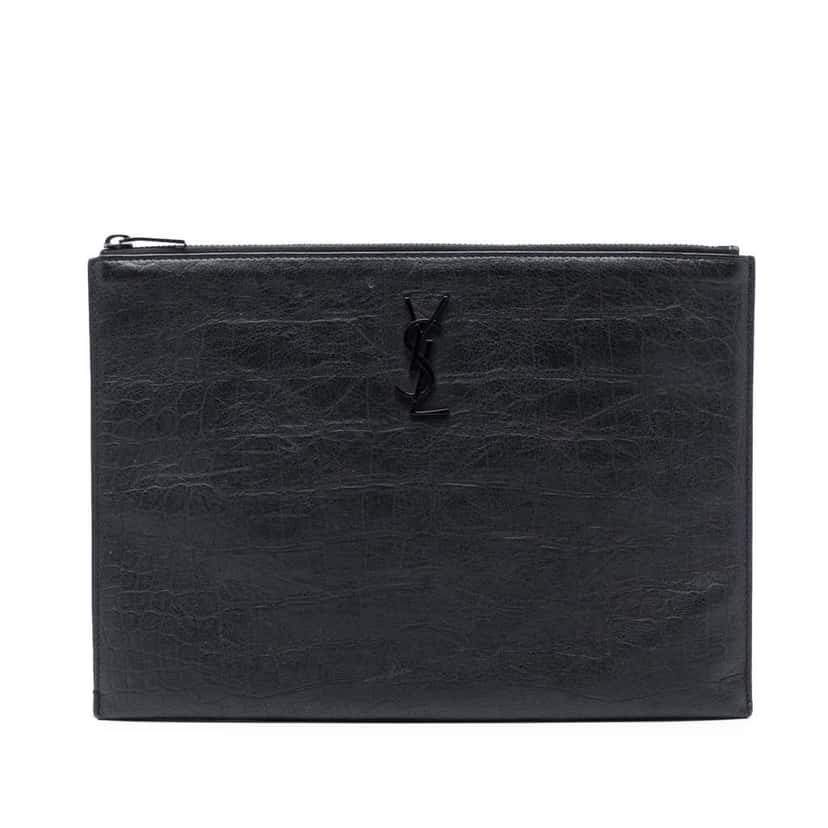 Saint Laurent Croc Embossed Leather Monogram Clutch Black Leather Very good condition - Front View