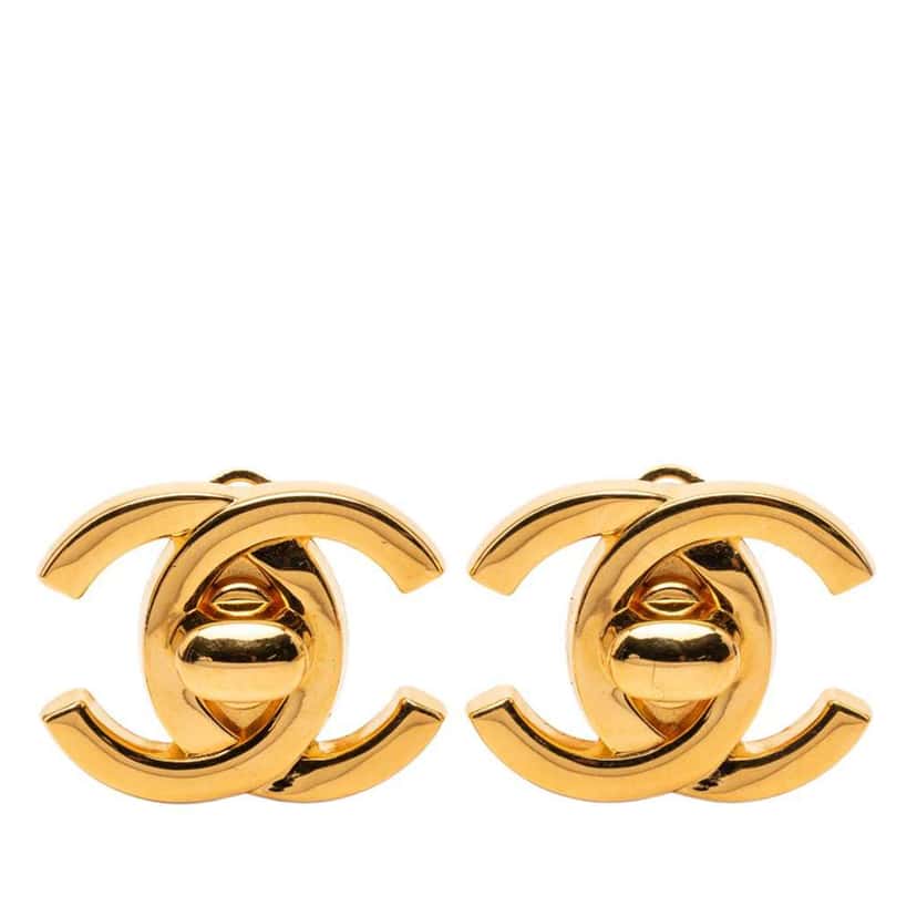 Chanel Gold Plated CC Turn Lock Clip On Earrings Gold Metal Good condition - Front View
