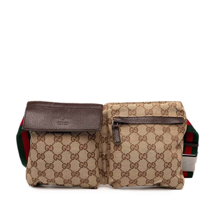 Gucci GG Canvas Web Double Pocket Belt Bag Brown Canvas Good condition - Front View