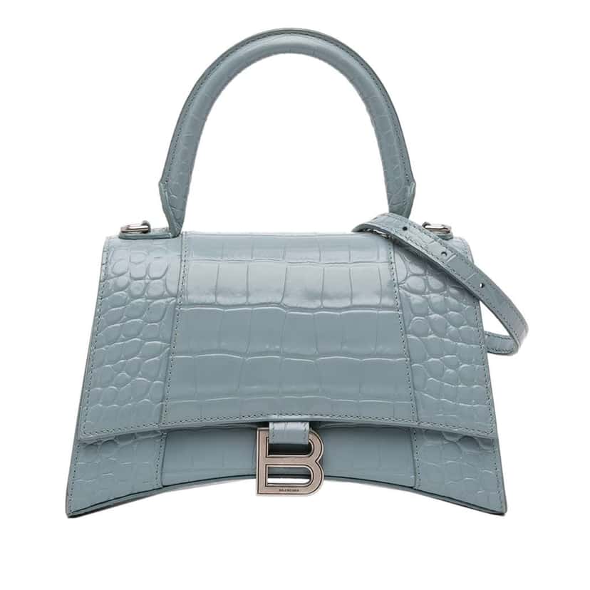 Balenciaga Small Croc Embossed Hourglass Top Handle Bag Blue Leather Very good condition - Front View