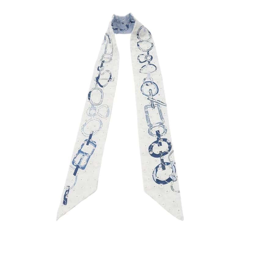 Hermès Do Re Boucles Broderie Anglaise Embroidered Silk Twilly Scarf White Silk Very good condition - Back View