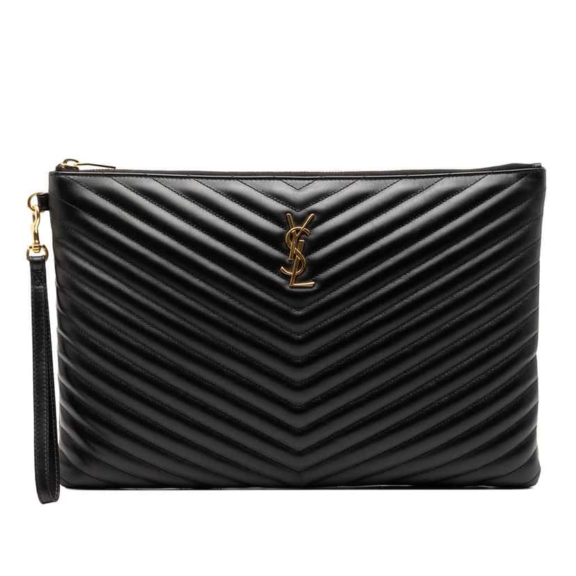 Saint Laurent Quilted Chevron Leather Monogram Document Holder Black Leather Good condition - Front View