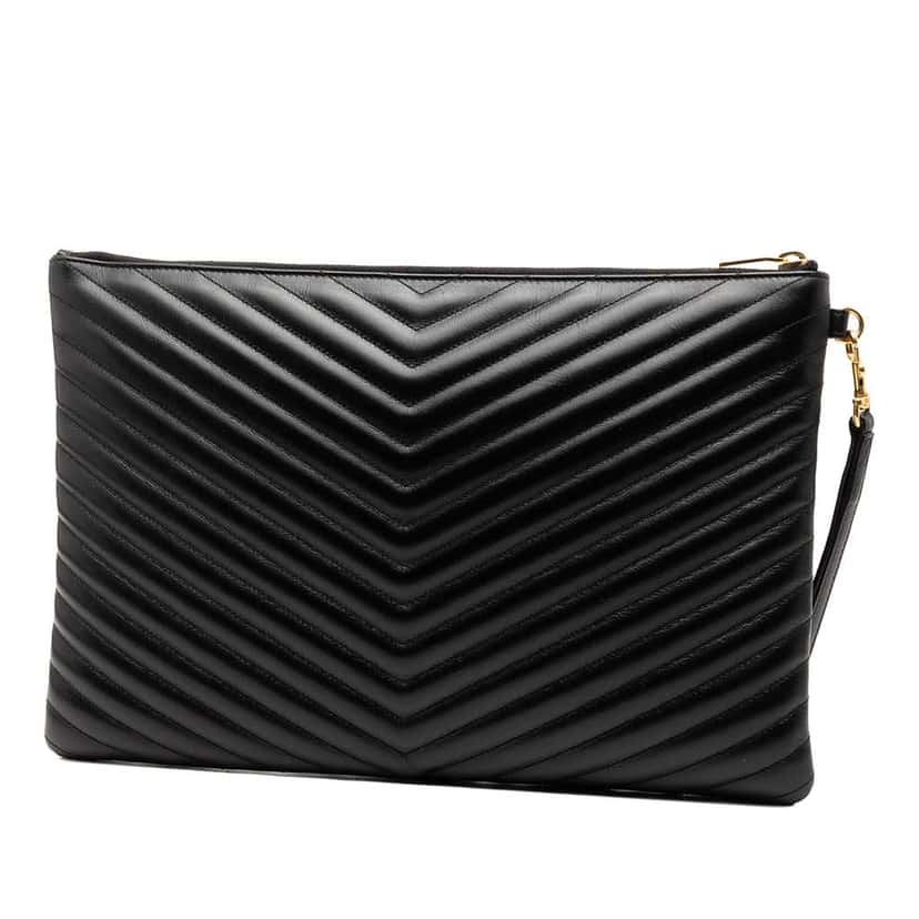 Saint Laurent Quilted Chevron Leather Monogram Document Holder Black Leather Good condition - Back View