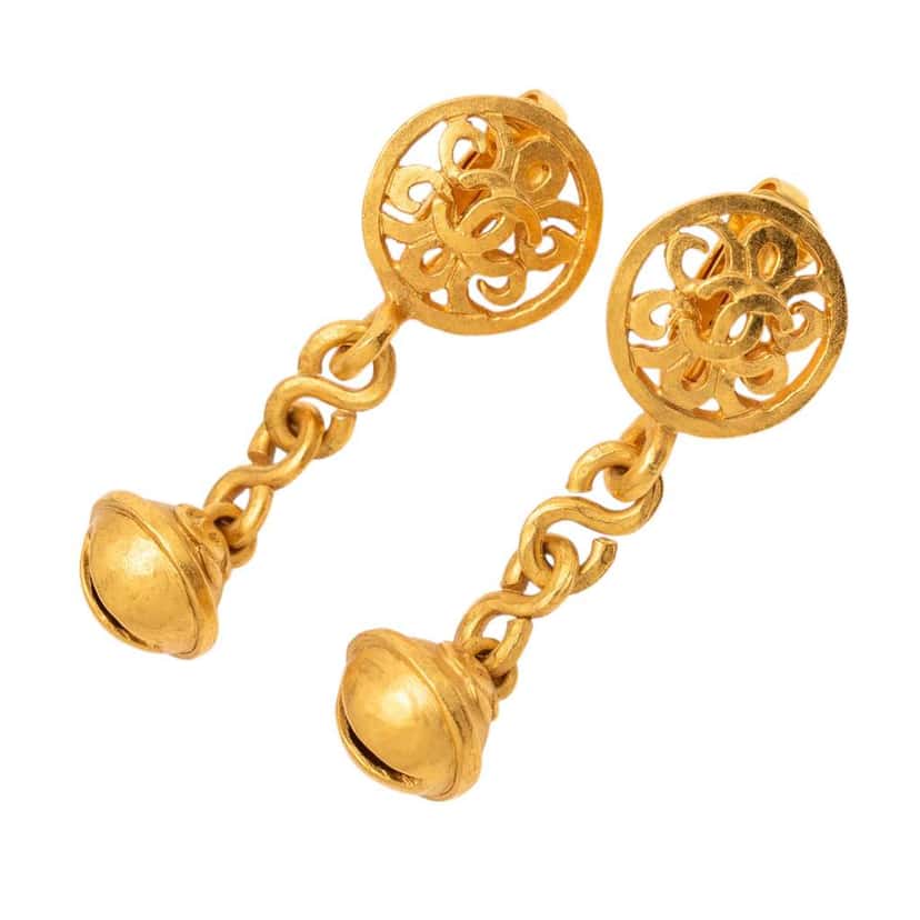 Chanel Gold Plated CC Bell Charm Drop Clip On Earrings Gold Metal Good condition - Front View