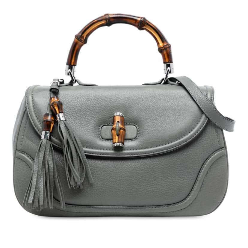 Gucci Large Pebbled Calfskin New Bamboo Top Handle Bag Grey Leather Good condition - Front View