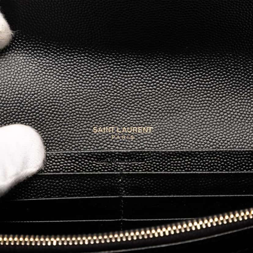 Saint Laurent Grain De Poudre Matelasse Chevron Monogram Flap Wallet Black Leather Good condition - Box View