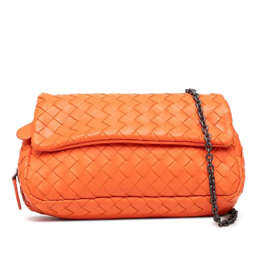 Bottega Veneta Mini Nappa Intrecciato Expandable Chain Flap Crossbody Orange Leather Very good condition - Front View
