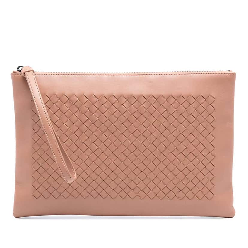 Bottega Veneta Nappa Intrecciato Zip Wristlet Pouch Brown Leather Good condition - Front View