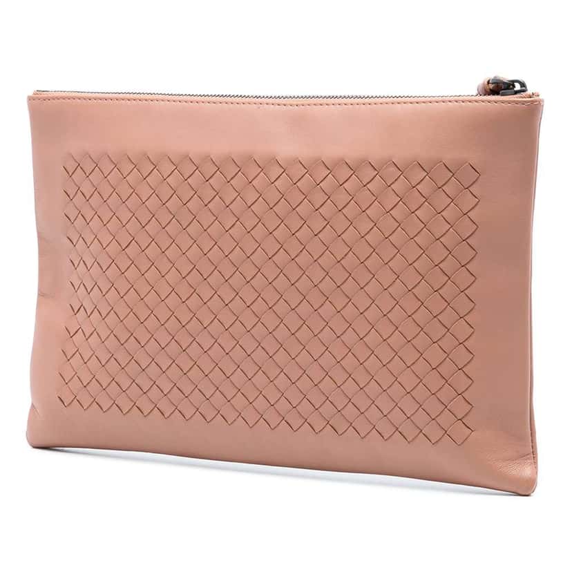 Bottega Veneta Nappa Intrecciato Zip Wristlet Pouch Brown Leather Good condition - Back View