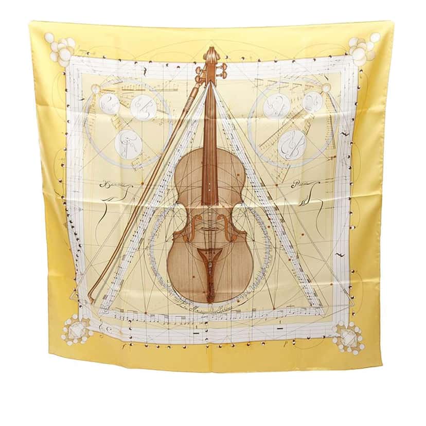 Hermès La Musique des Spheres Silk Scarf 90 Yellow Silk Good condition - Front View