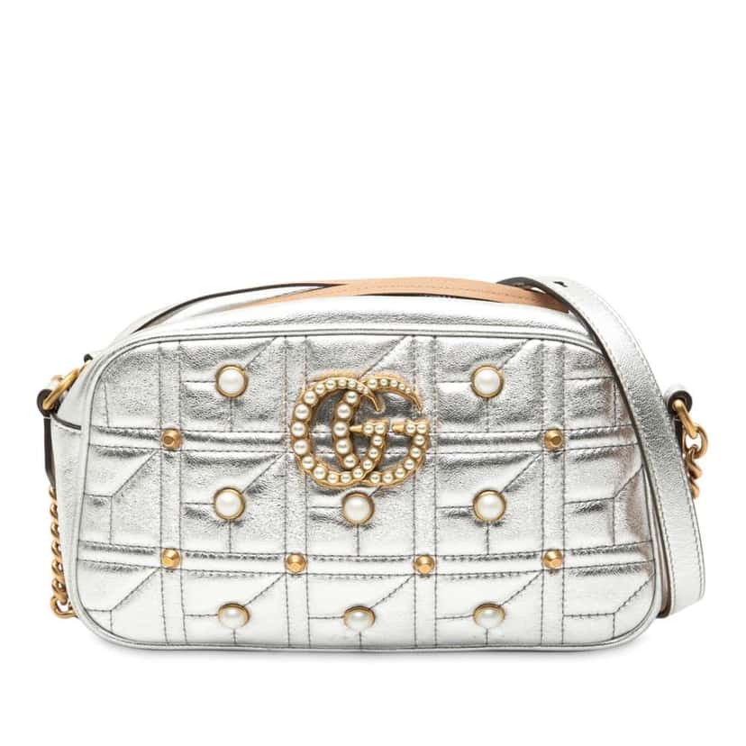 Gucci Small GG Marmont Pearl Studded Matelasse Leather Aria Crossbody Silver Leather Very good condition - Front View