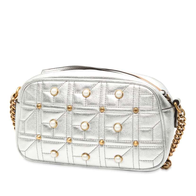 Gucci Small GG Marmont Pearl Studded Matelasse Leather Aria Crossbody Silver Leather Very good condition - Back View