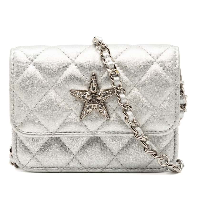Chanel Metallic Lambskin Crystal Star Chain Belt Bag Silver Leather Good condition - Front View