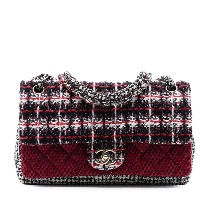 Chanel Medium CC Tweed Multi Print Double Flap Red Tweed Good condition - Front View