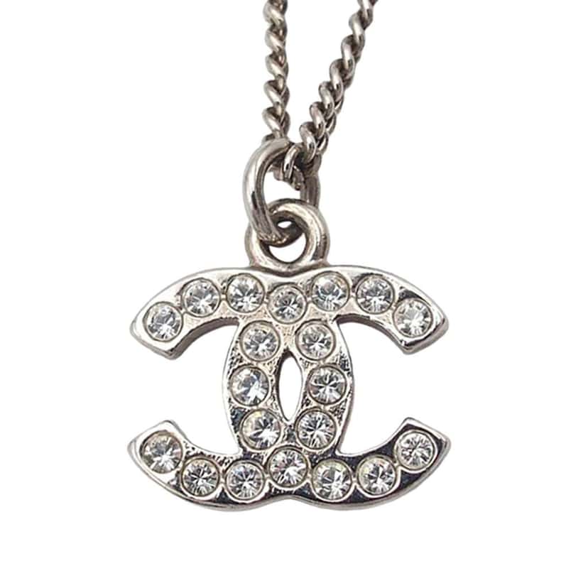 Chanel CC Silver Plated Rhinestone Pendant Necklace Silver Metal Good condition - Back View