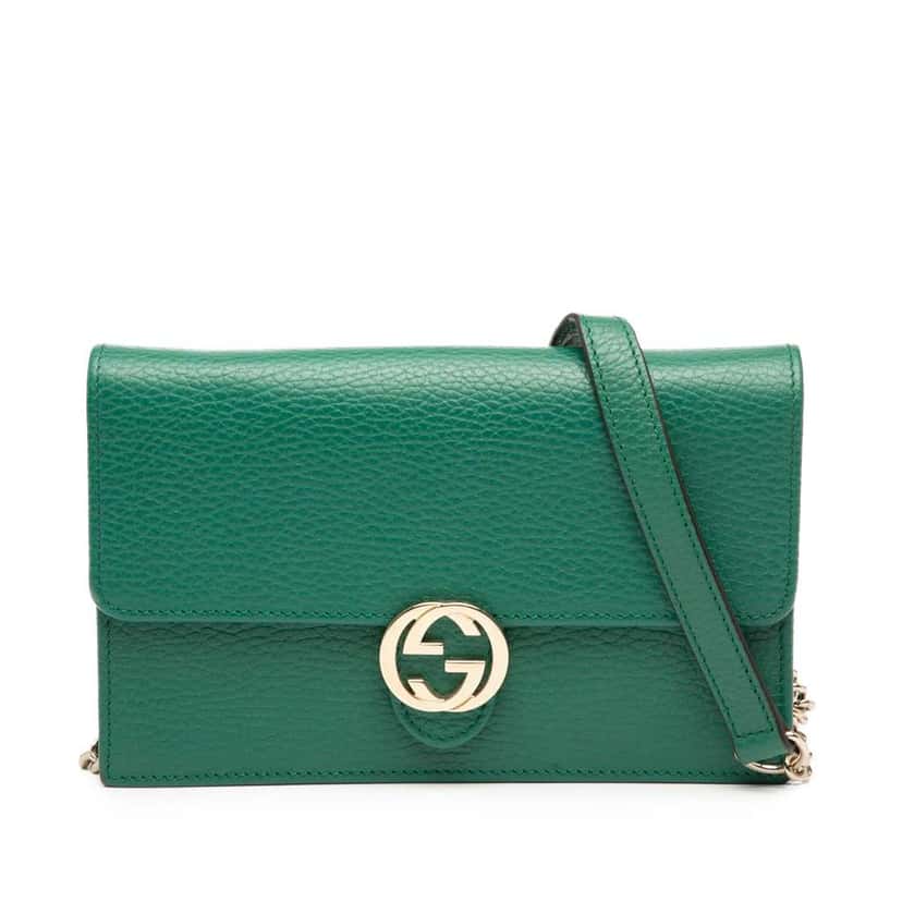 Gucci Interlocking G Dollar Calfskin Wallet on Chain Green Leather Very good condition - Front View