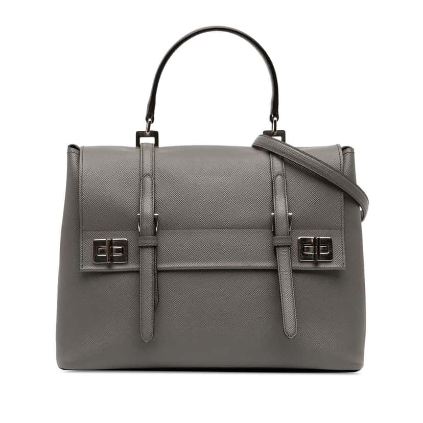Prada Saffiano Cuir Double Turnlock Satchel Grey Leather Good condition - Front View