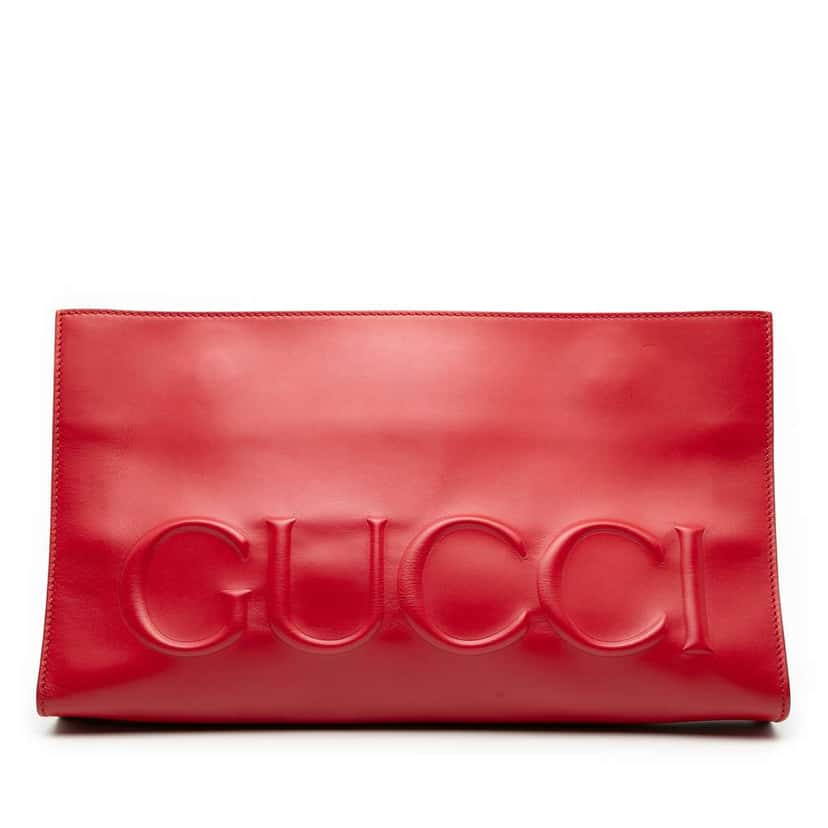 Gucci Embossed Leather Logo Clutch Red Leather Good condition - Front View