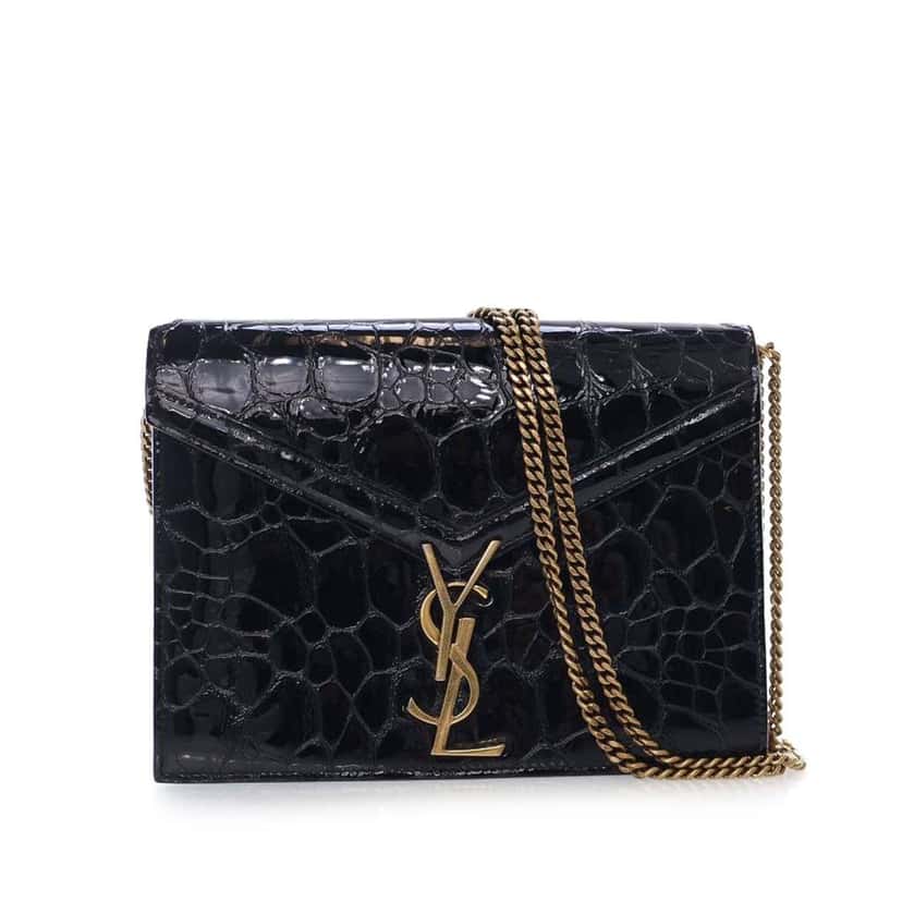 Saint Laurent Shiny Croc Embossed Calfskin Monogram Cassandra Clasp Bag Black Leather Good condition - Front View