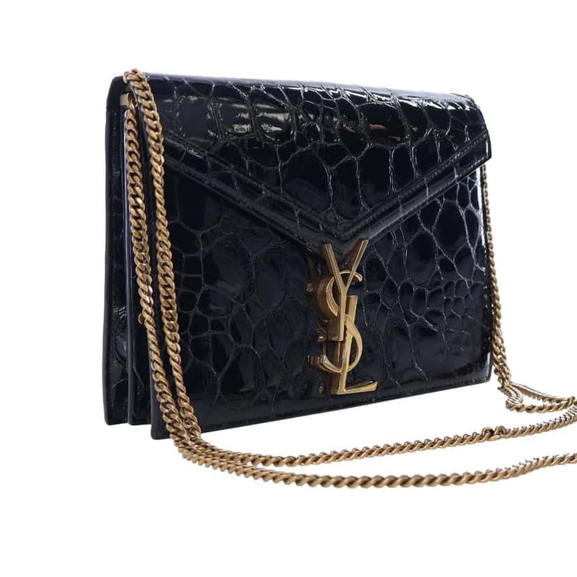 Saint Laurent Shiny Croc Embossed Calfskin Monogram Cassandra Clasp Bag Black Leather Good condition - Back View