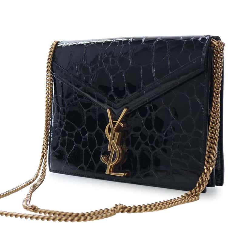 Saint Laurent Shiny Croc Embossed Calfskin Monogram Cassandra Clasp Bag Black Leather Good condition - Inside View