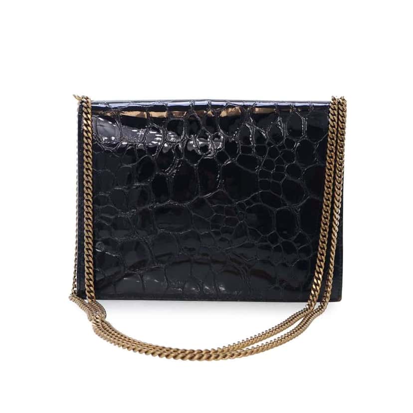 Saint Laurent Shiny Croc Embossed Calfskin Monogram Cassandra Clasp Bag Black Leather Good condition - Model View