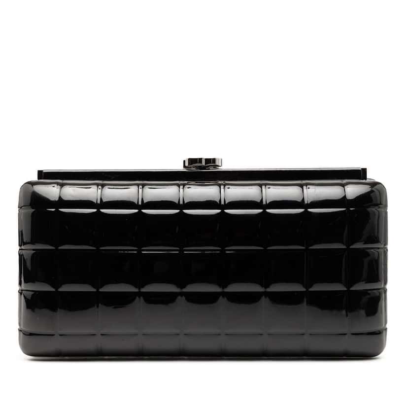 Chanel CC Chocolate Bar Patent Frame Clutch Black Leather Good condition - Front View