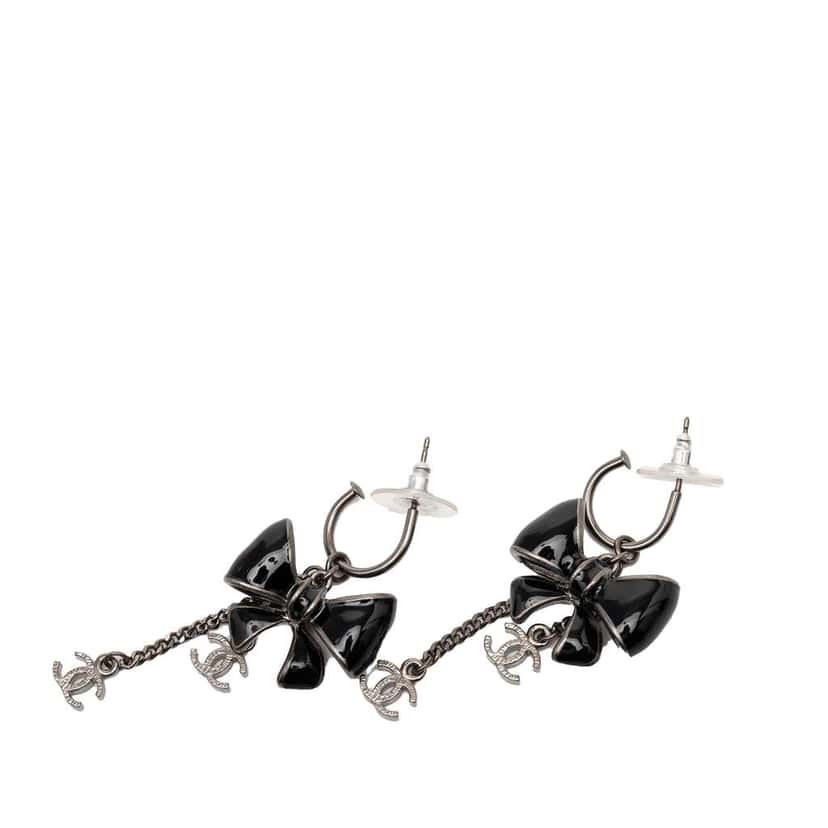 Chanel Enamel CC Bow Ribbon Fishhook Wires Earrings Black Good condition - Front View