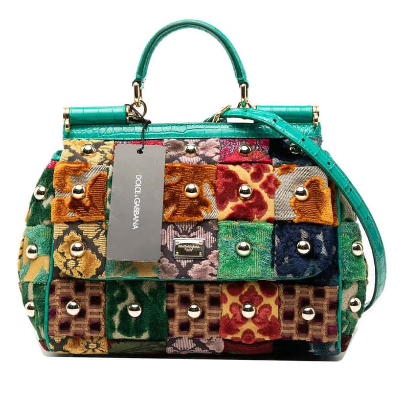 Dolce & Gabbana Medium Velvet Studded Patchwork Sicily Satchel Green Velvet Good condition - Front View