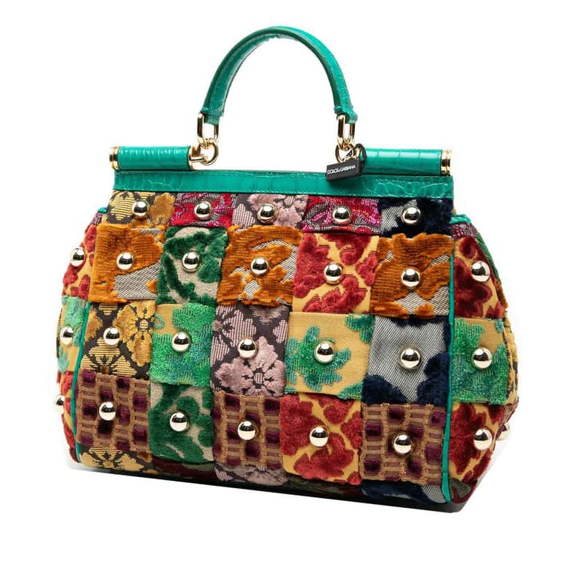 Dolce & Gabbana Medium Velvet Studded Patchwork Sicily Satchel Green Velvet Good condition - Back View