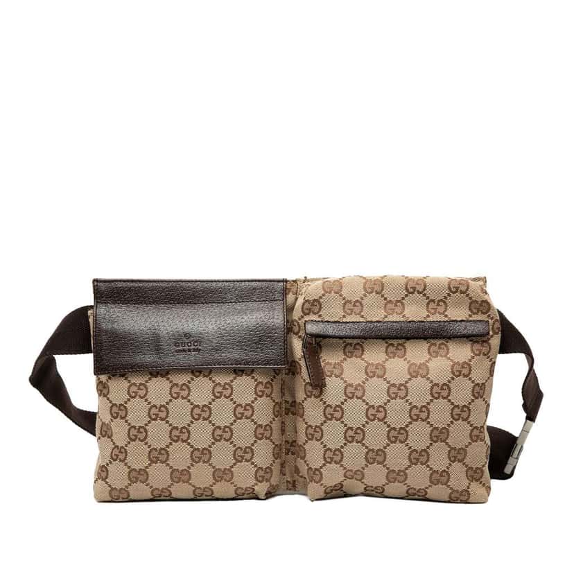 Gucci GG Canvas Double Pocket Belt Bag Brown Canvas Good condition - Front View