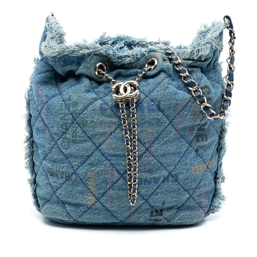 Chanel Medium Quilted Denim Mood Bucket with Chain Blue Denim Very good condition - Front View