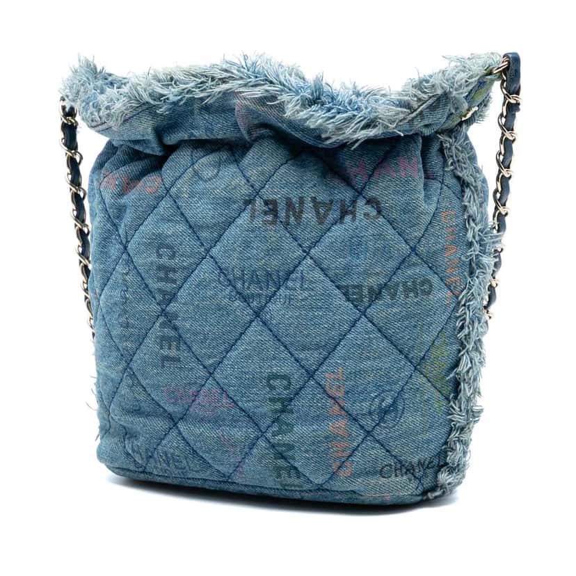 Chanel Medium Quilted Denim Mood Bucket with Chain Blue Denim Very good condition - Back View