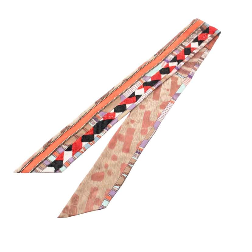 Hermès Beaded Pelages et Camouflage Precieux Silk Twilly Scarf Brown Silk Good condition - Front View