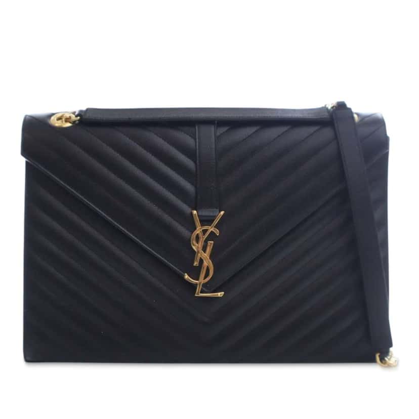 Saint Laurent Large Grain de Poudre Monogram Chevron Envelope Bag Black Leather Good condition - Front View