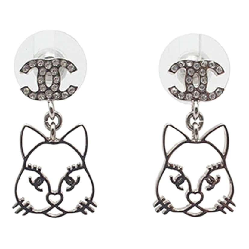 Chanel CC Silver Plated Rhinestone Choupette Cat Emoji Drop Earrings Silver Metal Good condition - Front View
