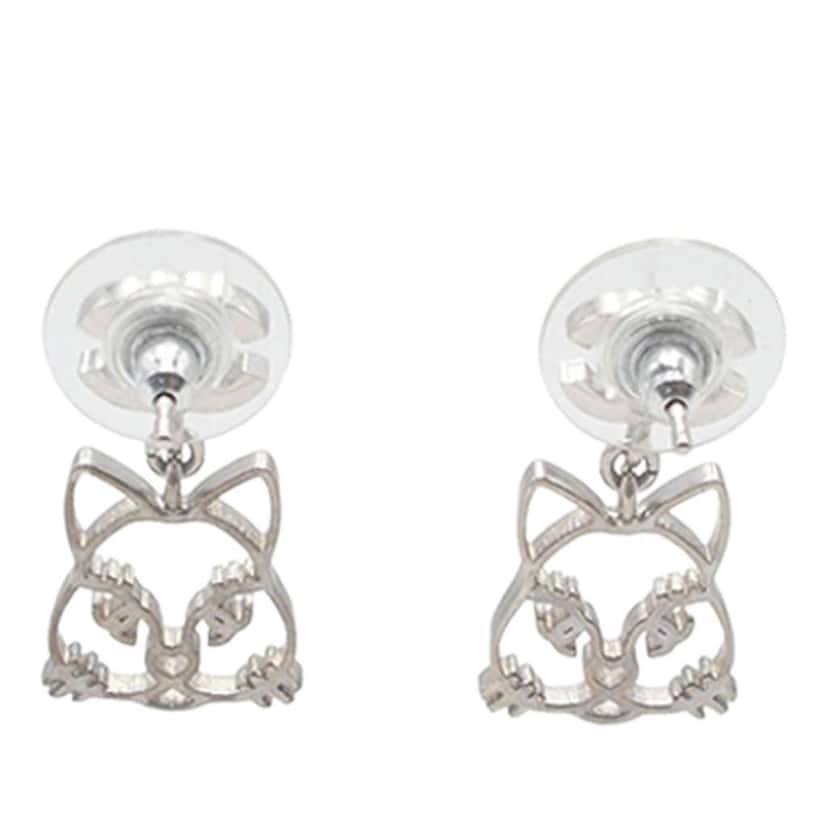 Chanel CC Silver Plated Rhinestone Choupette Cat Emoji Drop Earrings Silver Metal Good condition - Back View