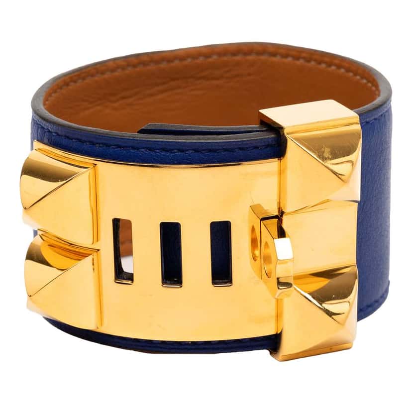 Hermès Swift and Gold Plated Collier de Chien Bracelet Blue Leather Good condition - Back View