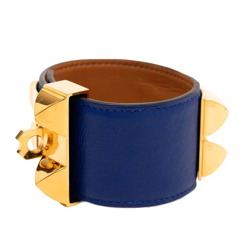 Hermès Swift and Gold Plated Collier de Chien Bracelet Blue Leather Good condition - Inside View