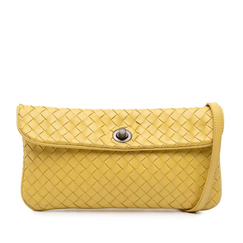 Bottega Veneta Mini Nappa Intrecciato Turn Lock Crossbody Yellow Leather Good condition - Front View