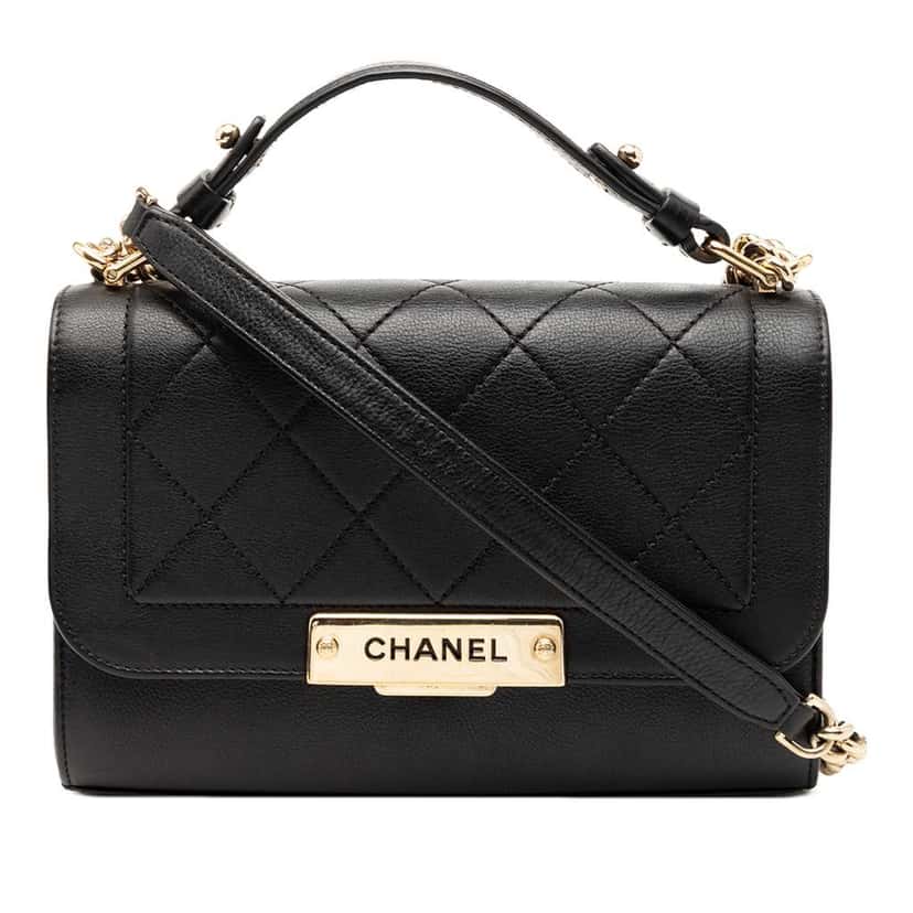 Chanel Small Quilted Grained Calfskin Label Click Flap Black Leather Very good condition - Front View