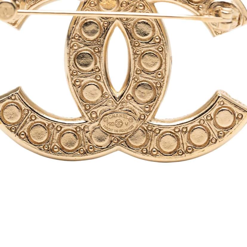 Chanel Gold Plated CC Faux Pearl Rhinestone Brooch Gold Metal Good condition - Inside View