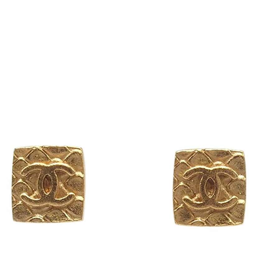 Chanel CC Gold Plated Square Push Back Earrings Gold Metal Good condition - Front View