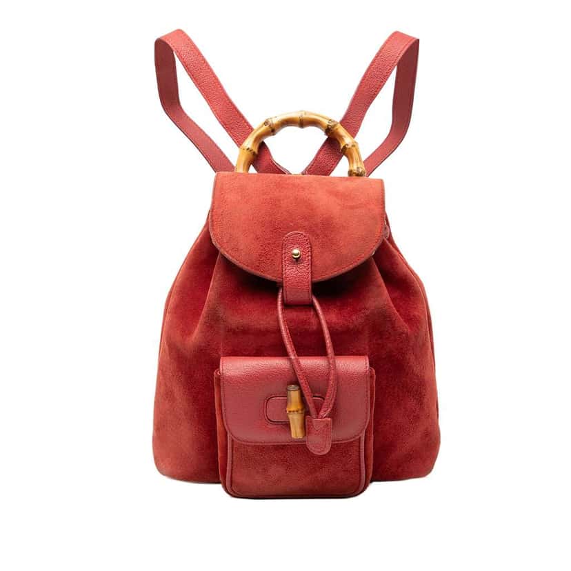 Gucci Suede Bamboo Backpack Red Leather Very good condition - Front View